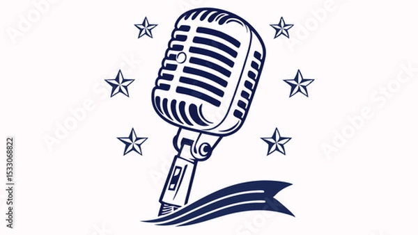 Obraz Vintage Microphone with Stars and Ribbon Graphic Illustration