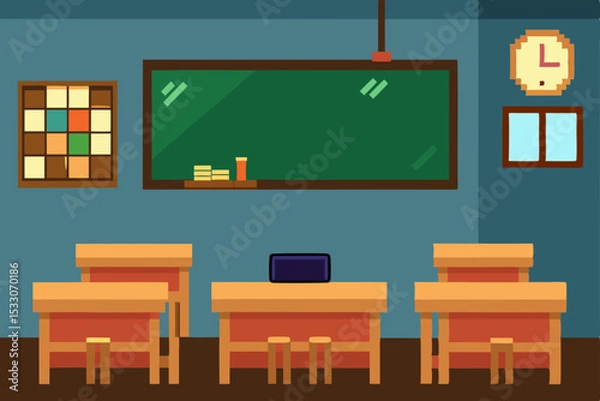 Fototapeta Wooden school desk with books in an empty classroom, vector illustration