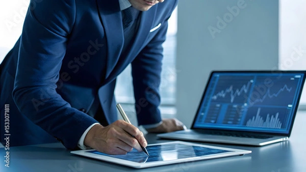 Obraz Businessman analyzing financial charts and data on a tablet and laptop computer