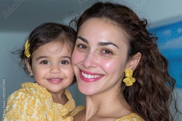 Obraz Smiling mother and child wearing matching yellow clothes, close embrace, natural light, joyful expression, happy family moment, ethnic diversity, love, parenthood, bonding, cheerful atmosphere.