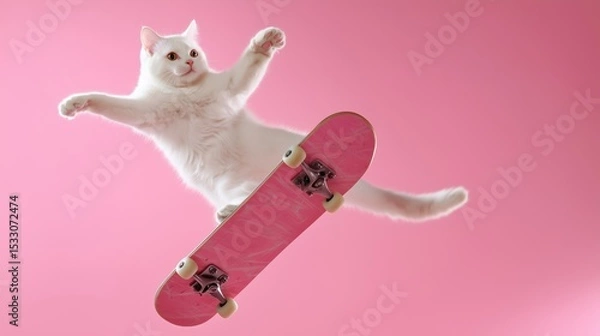 Obraz White cat performing a skateboard trick in mid-air with a pink skateboard, playful and energetic on a pink background. Concept of fun, youth, and pet talent.