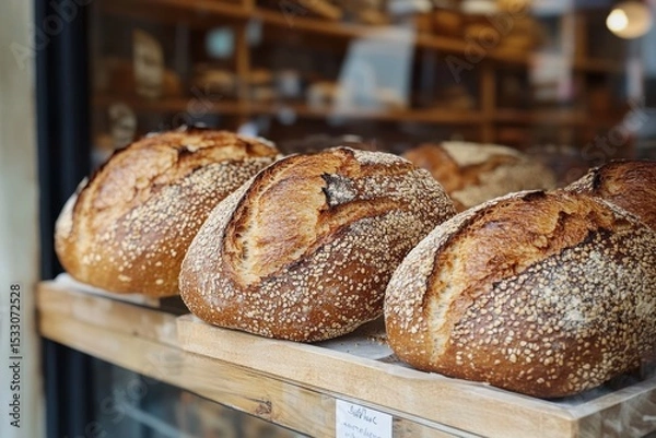 Fototapeta multiple loaves of sourdough bread on display in the window The loaves are golden brown and have visible seeds with a soft texture Generative AI