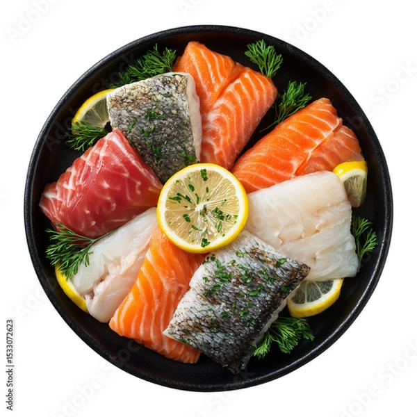 Fototapeta assorted fish fillets in black bowl isolated on white