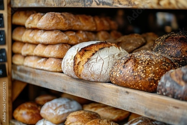 Fototapeta A close-up of the inside display case at a sourdough bakery, showcasing freshly baked loaves and rolls on the shelves Generative AI