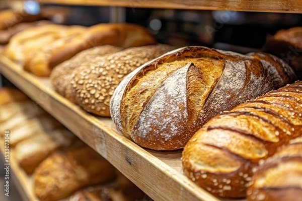Fototapeta A close-up of freshly baked sourdough breads and loaves on display in the bakery, highlighting their unique textures and golden-brown crusts Generative AI