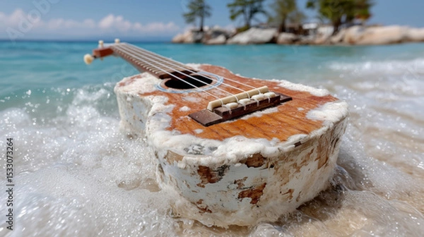 Obraz Old weathered ukulele lying in ocean surf on a sunny beach, water washing over the worn wood, vintage mood, summer and music vibes, close-up with sea and sky in background.