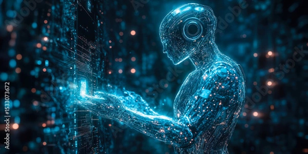 Fototapeta Futuristic translucent robot interacting with glowing digital holographic interface in dark high-tech virtual environment with blue data streams and light particles