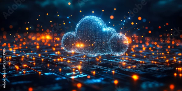 Obraz Digital glowing cloud icon representing cloud computing network with data points and futuristic technology background in dark blue and orange colors
