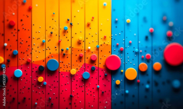 Fototapeta Abstract colorful 3d spheres and small particles arranged on vertical striped background in gradient orange blue red tones with depth of field effect digital art composition