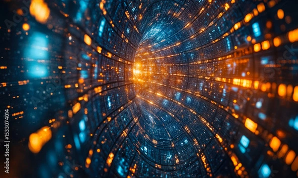 Fototapeta Abstract digital tunnel with glowing blue and orange lights representing futuristic data flow and cyber technology network visualization concept