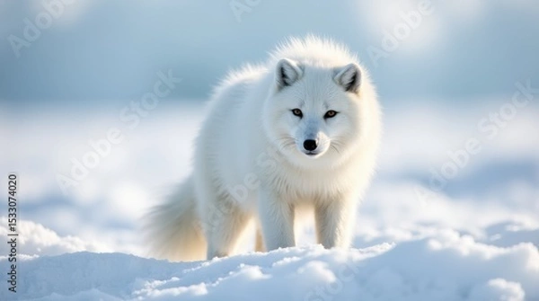 Fototapeta A fluffy white polar fox in its snowy natural habitat, captured in daylight, representing Arctic wildlife and winter environment.

