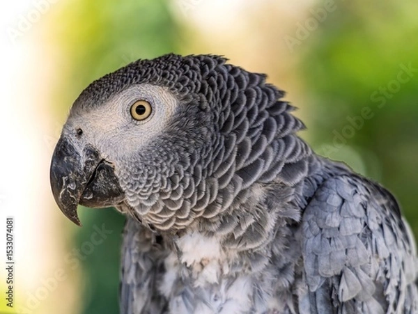 Obraz African gray parrot featuring intricate gray feather details and a striking profile against a soft, muted background.