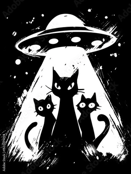Obraz Three black cats stand together under a glowing UFO beam in a dark, surreal night. Alien, animal, fantasy, and mystery concept with a whimsical, graphic style.