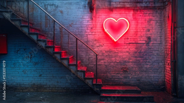 Fototapeta Red neon heart light glowing on grungy brick wall under metal staircase in urban industrial setting at night with vibrant colorful lighting