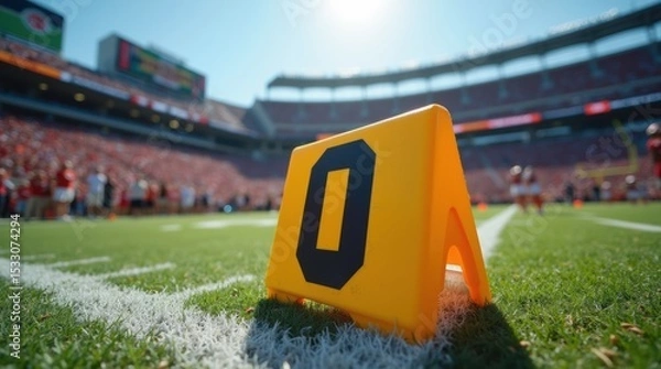 Fototapeta Field goal marker on the sideline, crowd and stadium visible in the background, capturing game day energy.

