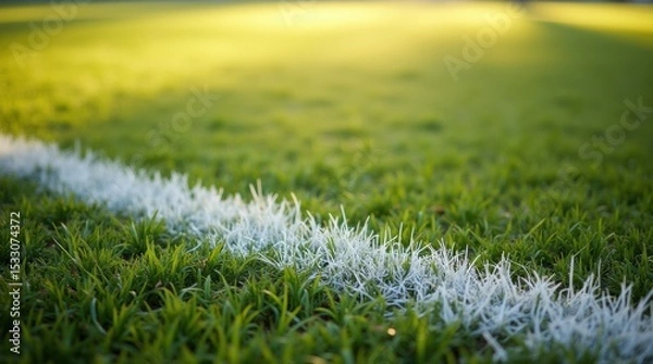 Fototapeta Grass stains on a white field line under sunlight, natural sports environment, authentic game atmosphere.


