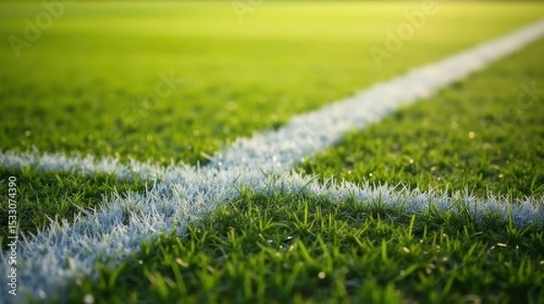 Fototapeta Grass stains on a white field line under sunlight, natural sports environment, authentic game atmosphere.

