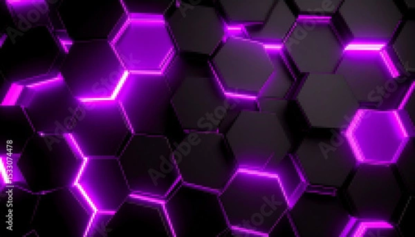 Fototapeta Pixel black background with purple hexagons glowing, abstract illustration. AI