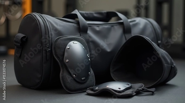 Fototapeta Knee pads positioned next to an open sports bag in a gym, highlighting fitness accessories and preparation.

