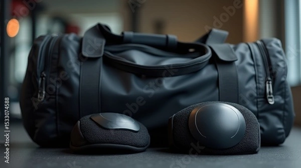 Fototapeta Knee pads positioned next to an open sports bag in a gym, highlighting fitness accessories and preparation.

