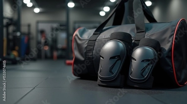 Fototapeta Knee pads positioned next to an open sports bag in a gym, highlighting fitness accessories and preparation.

