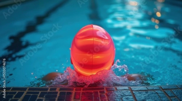 Fototapeta A neon swimming cap on the tiled pool rim, splashes of water nearby, creating an energetic and active swimming environment.

