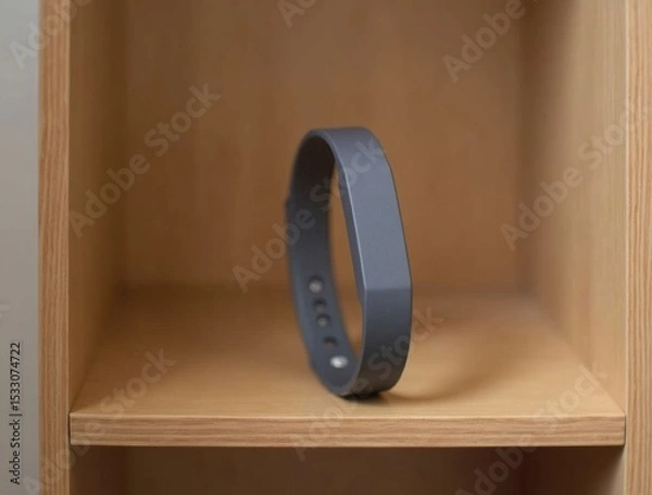 Fototapeta A single wristband placed on a polished wooden shelf, soft focus, elegant and simple fitness accessory presentation.

