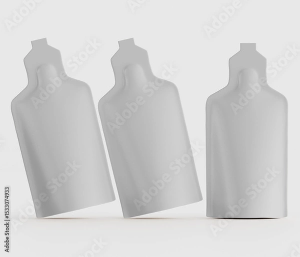 Fototapeta Conceptual design of three white bottle shaped product packages in a minimalistic studio setup for advertising and commercial use