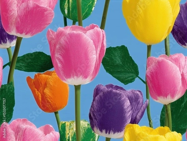 Obraz seamless patterm of  tulips in pink, yellow, purple, orange and green with realistic texture against a blue sky. Bright, fresh, floral, spring and nature concept, ideal for backgrounds and decoration.