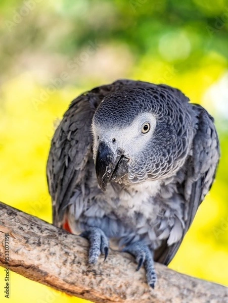 Obraz African gray parrot featuring intricate gray feather details and a striking profile against a soft, muted background.