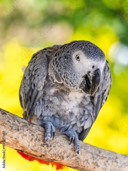 Obraz African gray parrot featuring intricate gray feather details and a striking profile against a soft, muted background.
