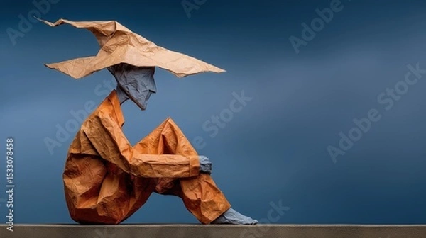 Obraz Origami-style figure with orange robe and pointed hat sits alone against a blue sky. Artistic, fantasy, solitude, and creative concept with surreal paper sculpture effect.