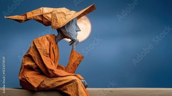 Obraz Origami-style figure in orange robe and pointed hat sits thoughtfully under the moon against a blue sky. Artistic, fantasy, solitude, and creative concept with surreal paper sculpture effect.