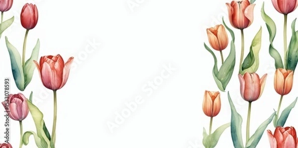 Obraz watercolor  illustration of a red tulips background copy space center horizontal banner. tulip spring flower vector backdrop.