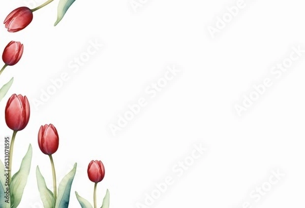 Obraz watercolor  illustration of a red tulips background copy space center horizontal banner. tulip spring flower vector backdrop.
