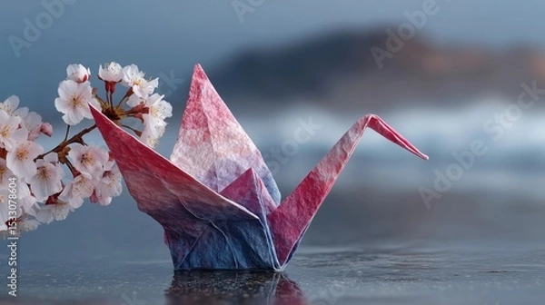 Obraz Origami crane with red and blue paper sits by delicate cherry blossom branch on a reflective surface, soft background, peaceful, minimal, Japanese style, tradition, spring, art, handcrafted, zen.