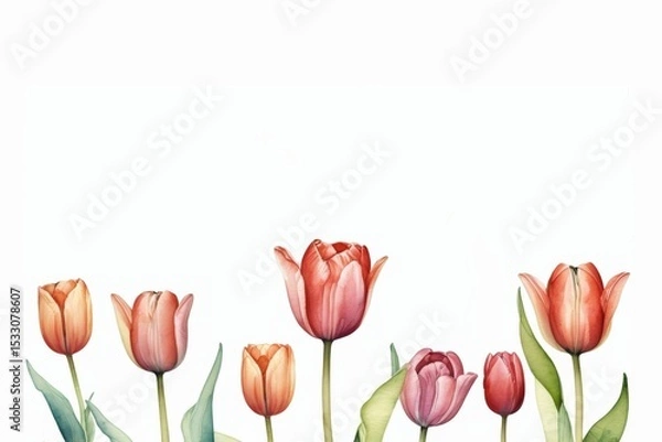 Obraz watercolor  illustration of a red tulips background copy space center horizontal banner. tulip spring flower vector backdrop.