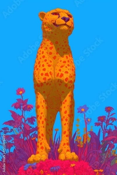 Obraz Colorful illustration of an orange cheetah standing proudly among pink and purple flowers against a bright blue sky. Artistic, creative, bold and modern concept with vibrant contrast.