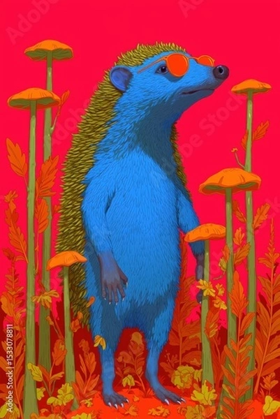 Obraz Surreal illustration of a blue hedgehog with orange sunglasses standing among orange mushrooms and yellow plants on a vibrant pink background. Creative, whimsical, fantasy and bold concept.