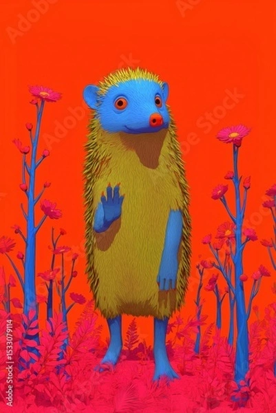 Obraz Surreal illustration of a blue and yellow hedgehog waving in a vibrant field with pink flowers and blue stems on an orange background. Creative, whimsical, fantasy and bold concept.