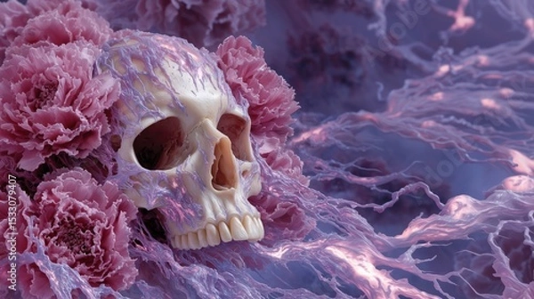 Obraz Surreal skull surrounded by pink flowers and flowing organic textures in soft purple light. Artistic, fantasy, mysterious and conceptual scene about life, death and nature.