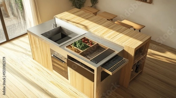 Fototapeta Modern kitchen design featuring sleek wooden cabinetry, spacious counter, and organized food prep area for culinary enthusiasts