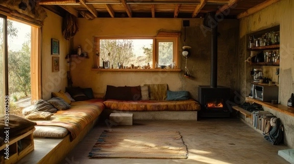 Fototapeta Cozy and Rustic Interior of a Warm and Inviting Earthy Living Room with Natural Light and a Wood Stove