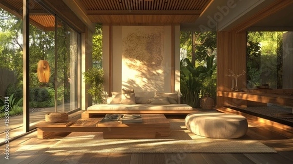 Fototapeta Serene Modern Living Room with Natural Light, Wooden Elements and Lush Greenery in a Cozy Interior Space