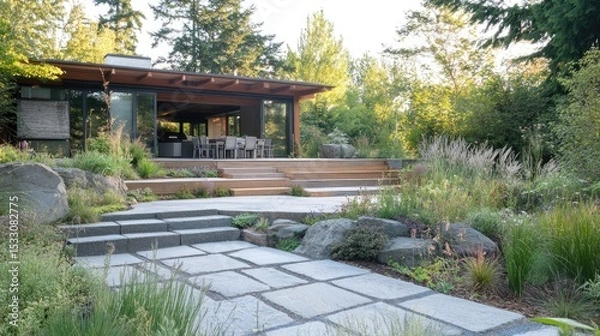 Fototapeta Elegant Modern Backyard Landscape with Stone Pathway and Contemporary Home Amid Lush Greenery in Bright Daylight