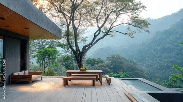 Fototapeta Modern Outdoor Living Space with Scenic Mountain View and Relaxing Atmosphere at Sunrise