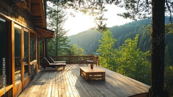 Fototapeta Serene wooden deck overlooking lush forest and tranquil mountains during golden hour at sunset in natural environment setting