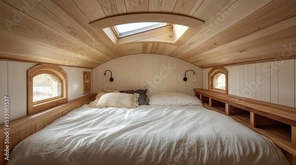 Fototapeta Cozy and Inviting Tiny Bedroom with Wooden Ceiling and Skylight in Minimalist Design
