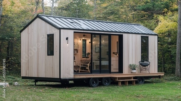 Fototapeta Modern tiny house with wooden exterior, large windows, and outdoor deck in serene forest setting
