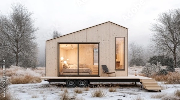 Fototapeta Modern Tiny House on Wheels Surrounded by Nature in Winter Landscape with Frosty Grass and Trees